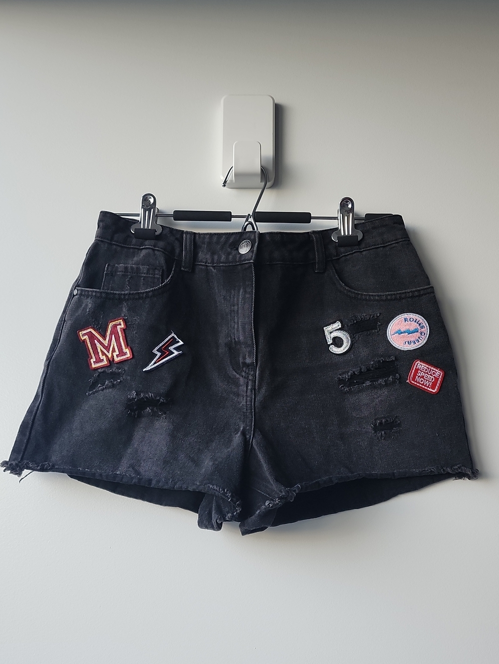 H&M Multi Patch Distressed Cutoff Faded Denim Shorts